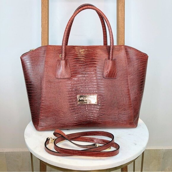 Vtg Valentino Milano brown reptile leather satchel with crossbody shoulder strap - Picture 1 of 12